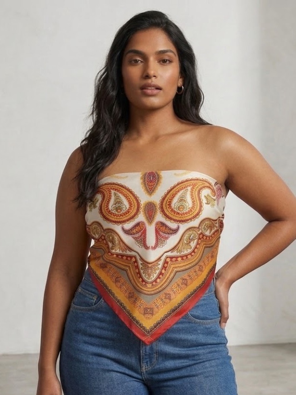Paisley Print Silk-Look Bandana tube-top in White, Mustard & Red